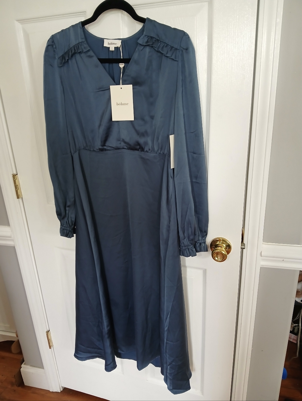 NWT Bohme Blue Long-Sleeve V-Neck Midi Dress Boho Cottage Wedding Guest Feminine - Picture 1 of 9